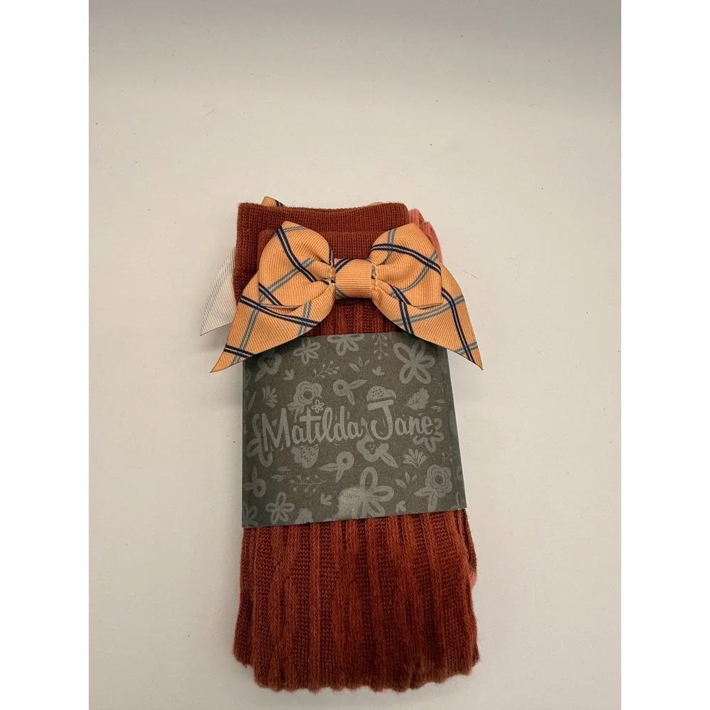 Matilda Jane Knee High Socks Girls Large Rust Cable Knit Plaid Bow Boutique